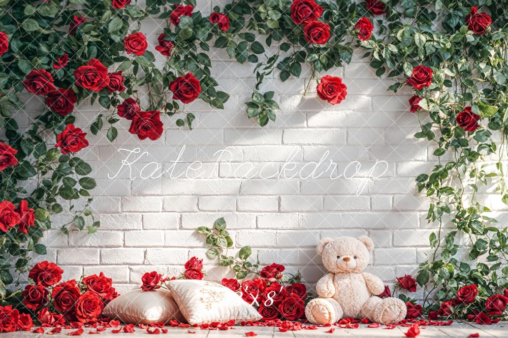Kate Red Roses Teddy Bear White Brick Fleece Backdrop Designed by Emetselch