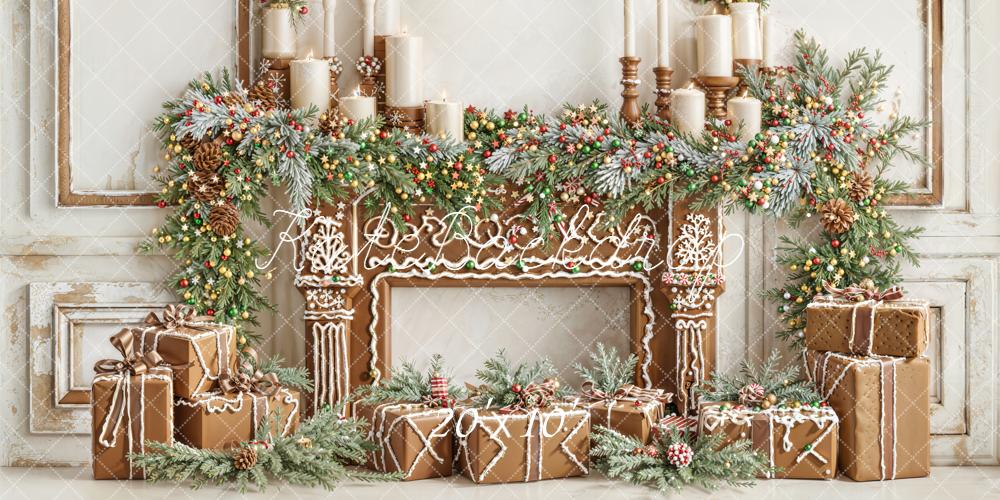 Kate Christmas Gingerbread Fireplace Presents Backdrop Designed by Emetselch