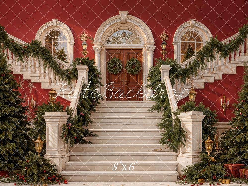 Kate Christmas Trees Stairs Garland Fleece Backdrop Designed by Emetselch - Kate Backdrop AU