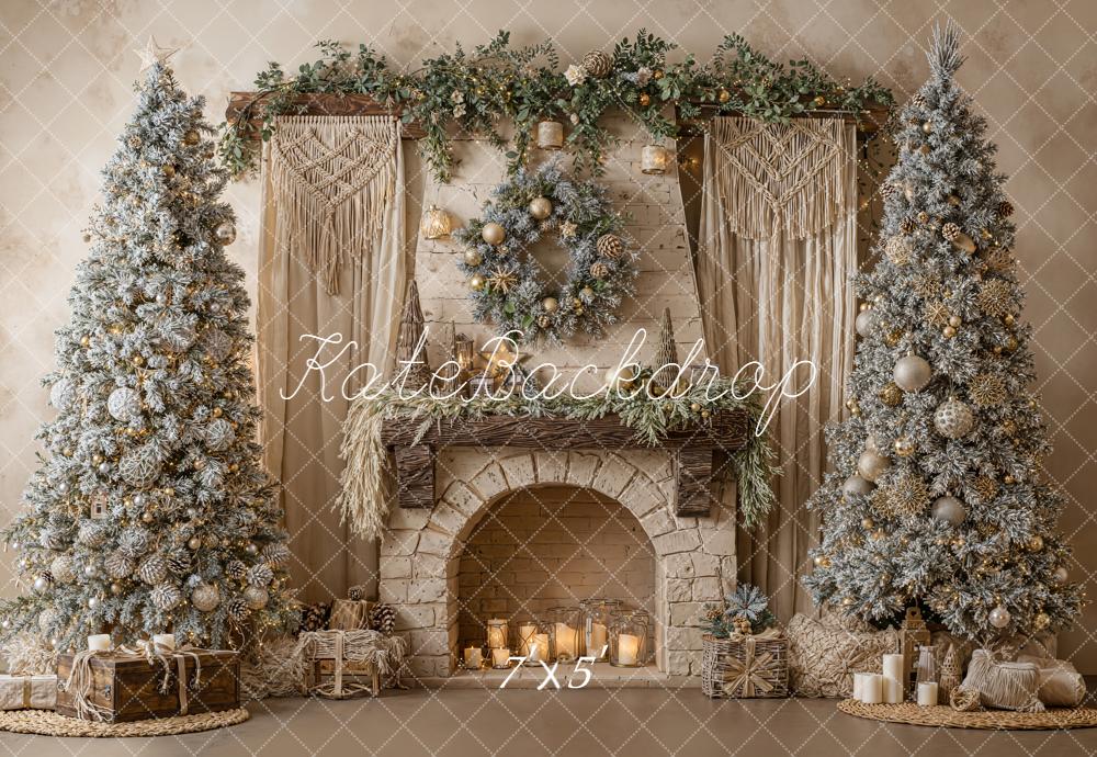 Kate Christmas Fireplace Frosted Trees Wreath Backdrop Designed by Emetselch - Kate Backdrop AU