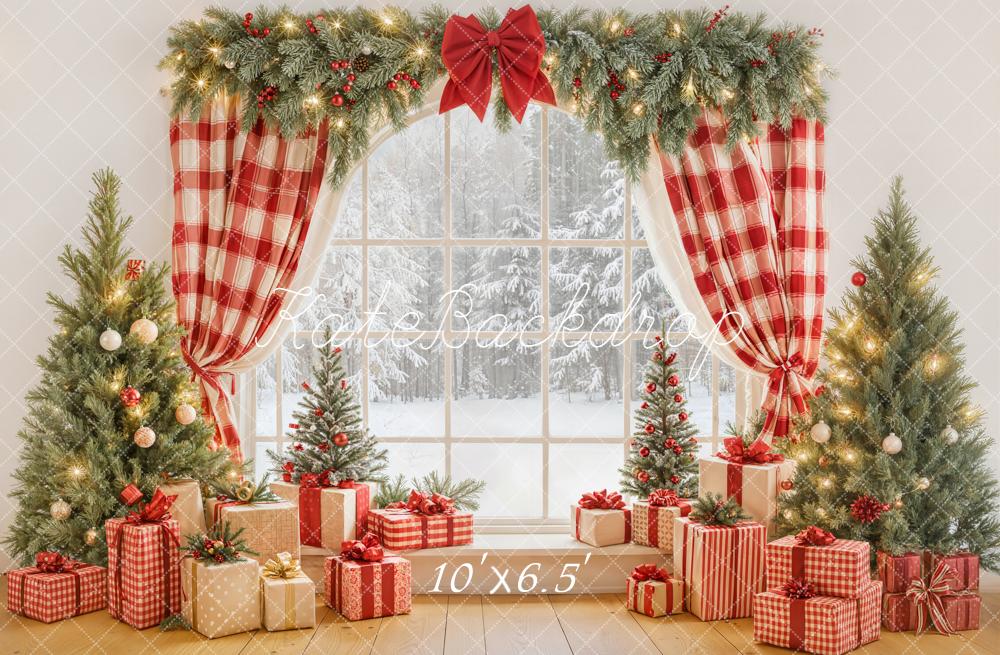 Kate Christmas Plaid Curtains Presents Trees Backdrop Designed by Emetselch