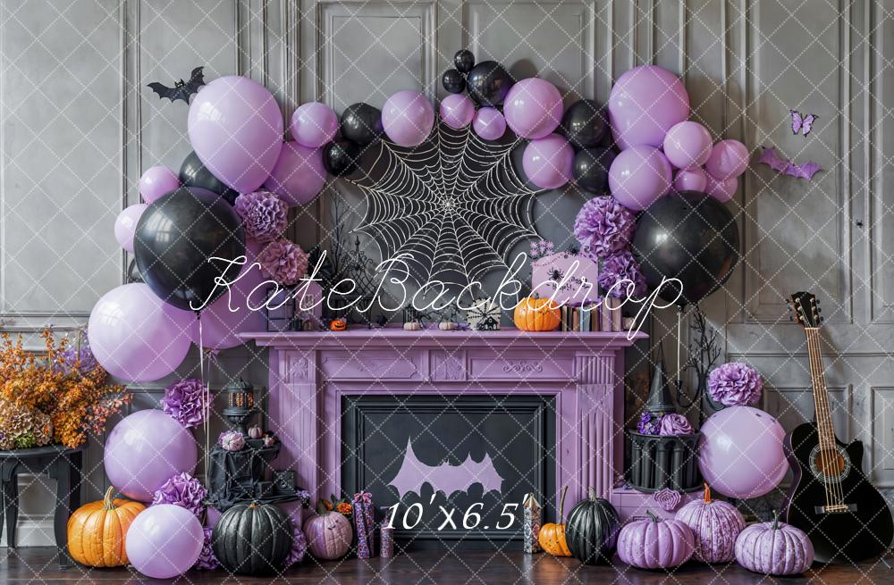Kate Halloween Purple Balloons Spiderweb Fleece Backdrop Designed by Emetselch - Kate Backdrop AU