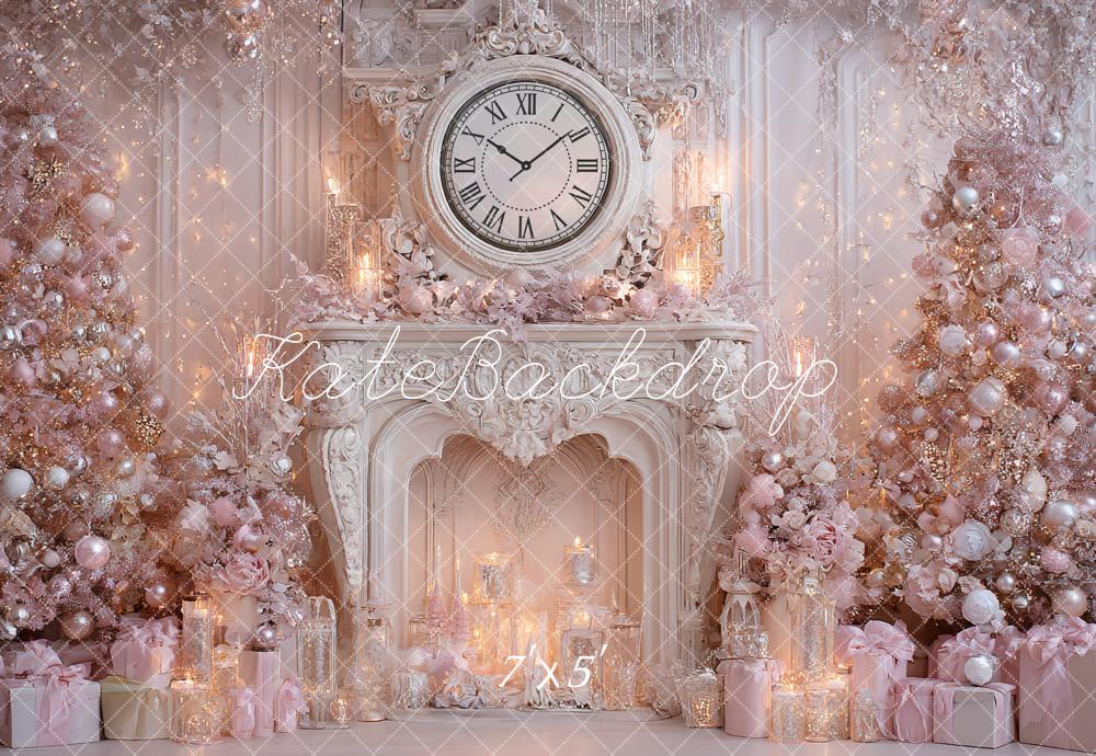Kate Christmas Pink Trees Fireplace Clock Backdrop Designed by Ashley Paul