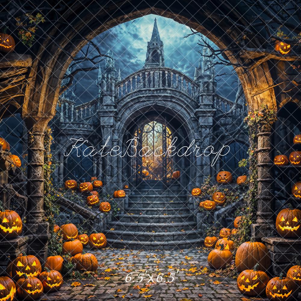 Kate Halloween Gothic Arch Pumpkins Staircase Backdrop Designed by Emetselch - Kate Backdrop AU