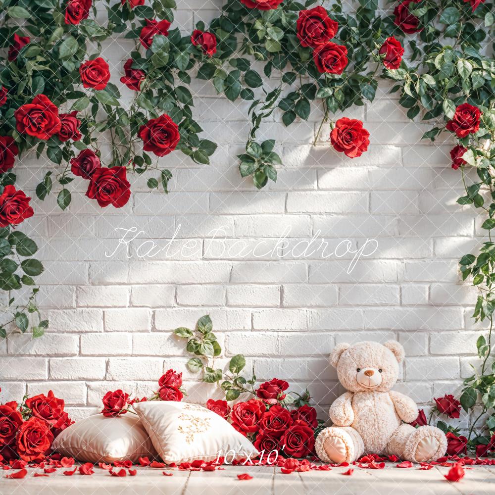 Kate Red Roses White Brick Wall Teddy Bear Backdrop Designed by Emetselch