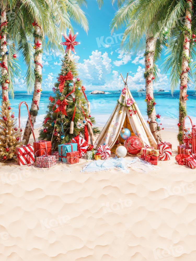 Kate Christmas Beach Trees Tent Presents Backdrop Designed by GQ - Kate Backdrop AU