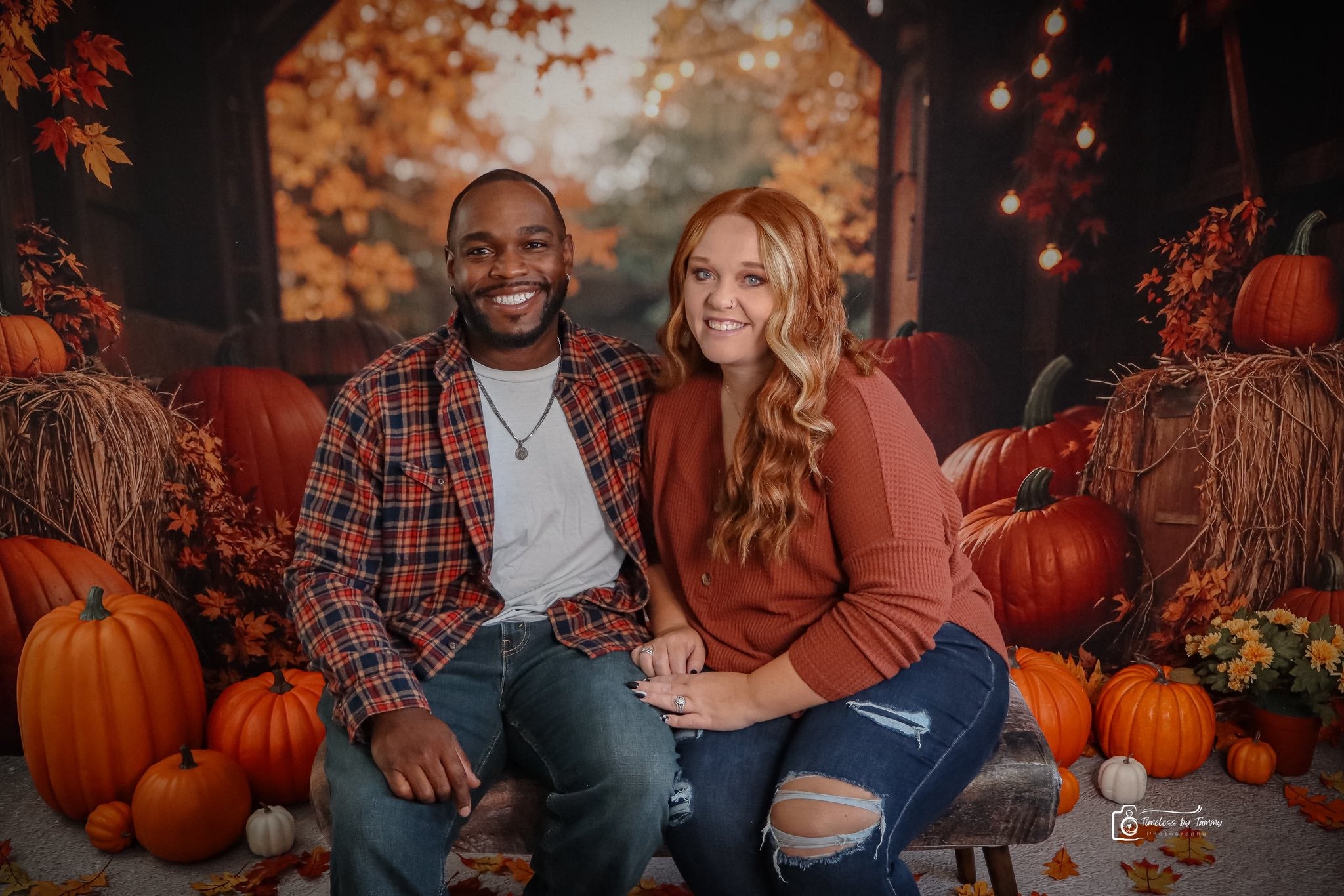 Kate Autumn Pumpkins Hay Barn Lights Backdrop Designed by Emetselch