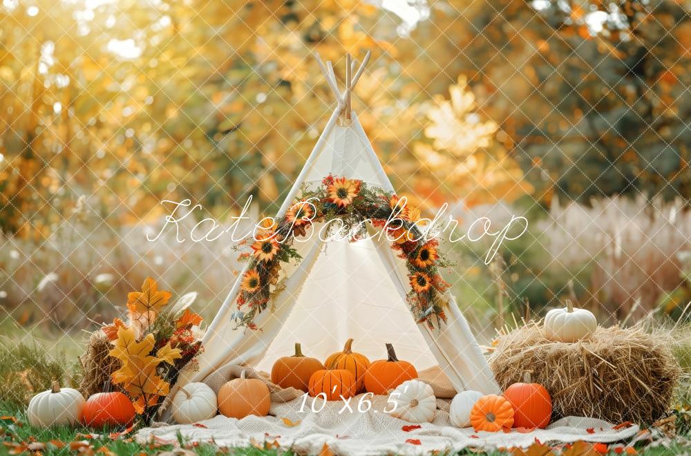 Kate Autumn Teepee Pumpkins Hay Bales Backdrop Designed by Patty Roberts