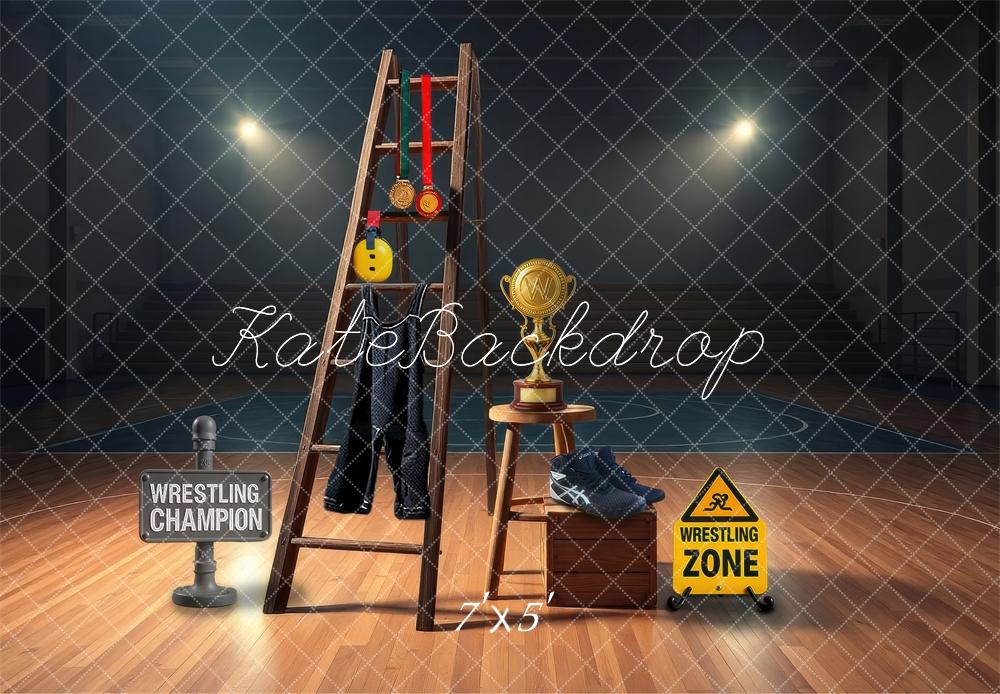 Kate Wrestling Champion Medals Shoes Trophy Gym Backdrop Designed by Laura Bybee - Kate Backdrop AU