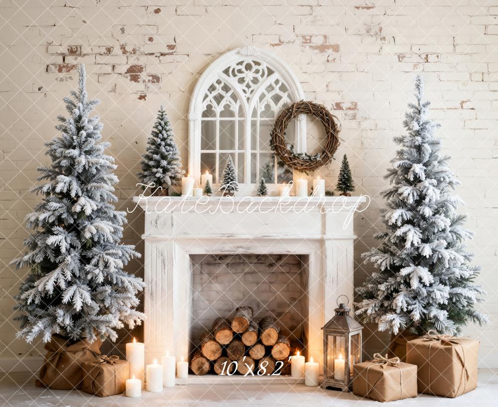 Kate Christmas Frosted Trees Fireplace Candles Backdrop Designed by Emetselch