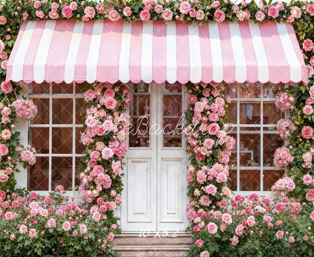 Kate Pink Striped Awning Rose Fleece Backdrop Designed by Emetselch