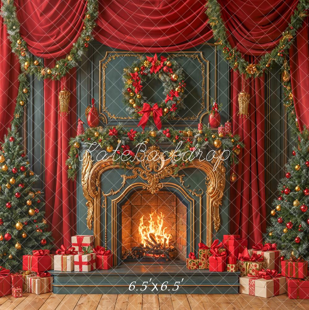 Kate Christmas Fireplace Gift Boxes Backdrop Designed by Emetselch - Kate Backdrop AU