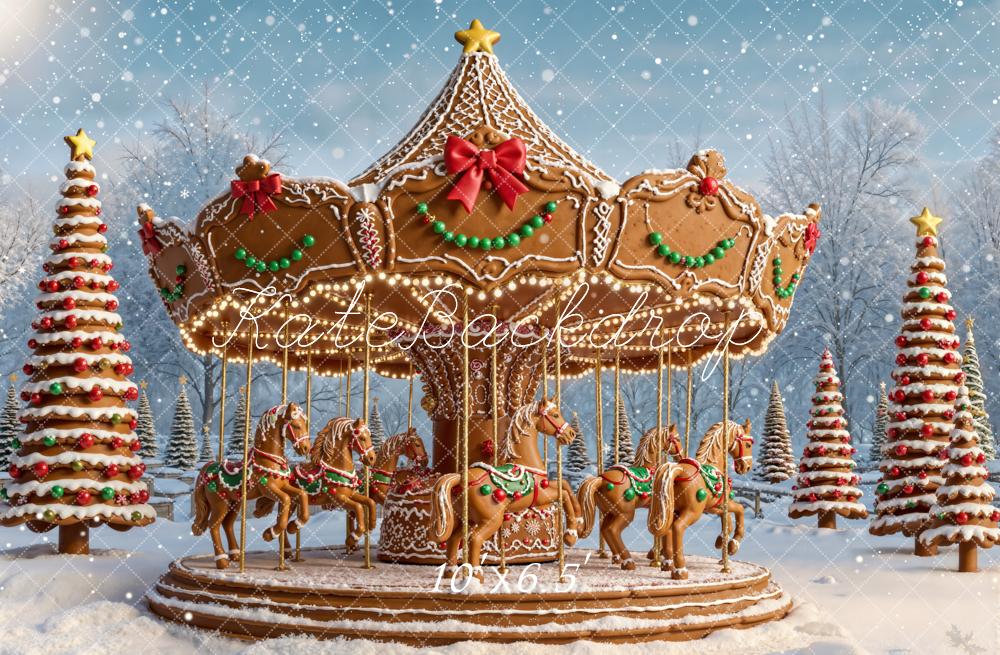 Kate Christmas Carousel Gingerbread Fleece Backdrop Designed by Emetselch