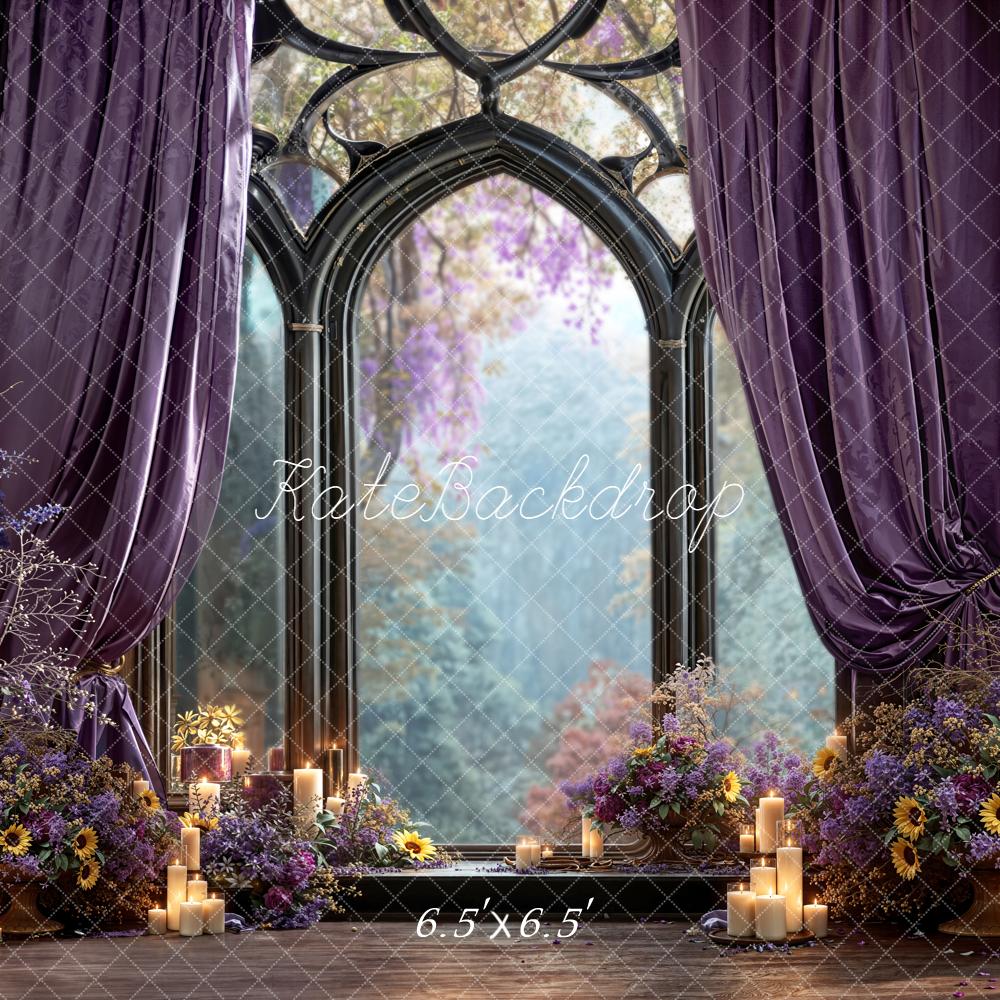 Kate Gothic Window Purple Flowers Candles Backdrop Designed by Emetselch