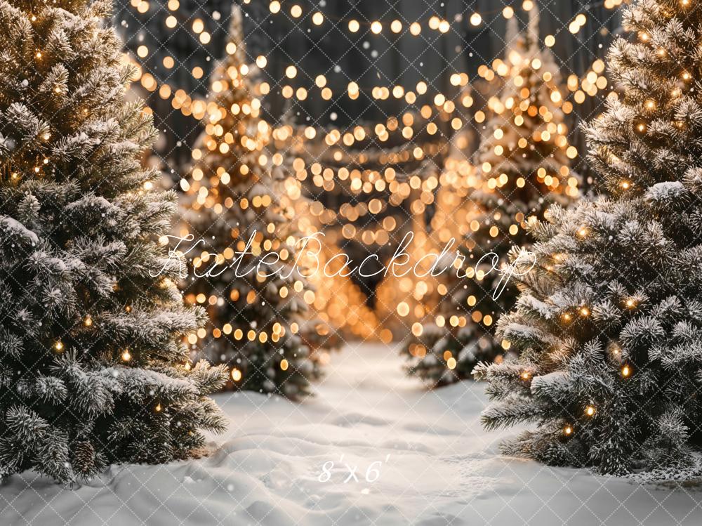 Kate Christmas Snowy Pine Trees Lights Fleece Backdrop Designed by Emetselch - Kate Backdrop AU
