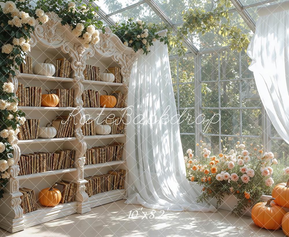 Kate Autumn Bookshelf Pumpkins Backdrop Designed by Mini MakeBelieve