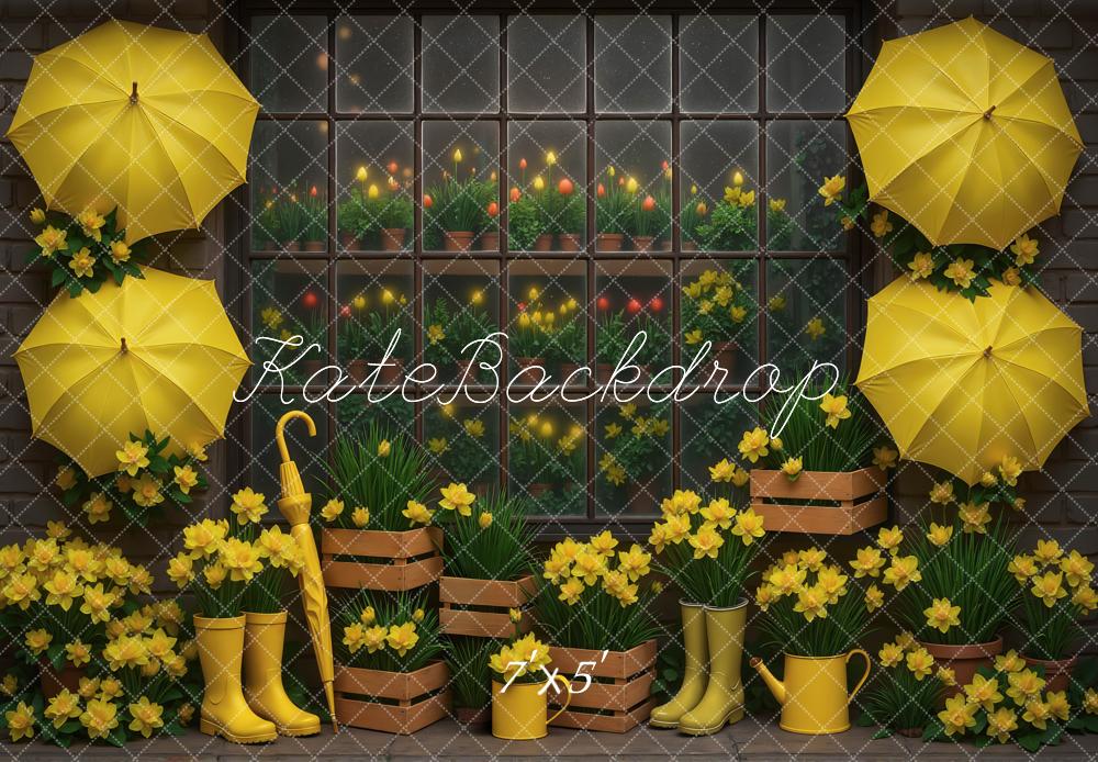 Kate Yellow Umbrellas Daffodils Window Backdrop Designed by Mini MakeBelieve