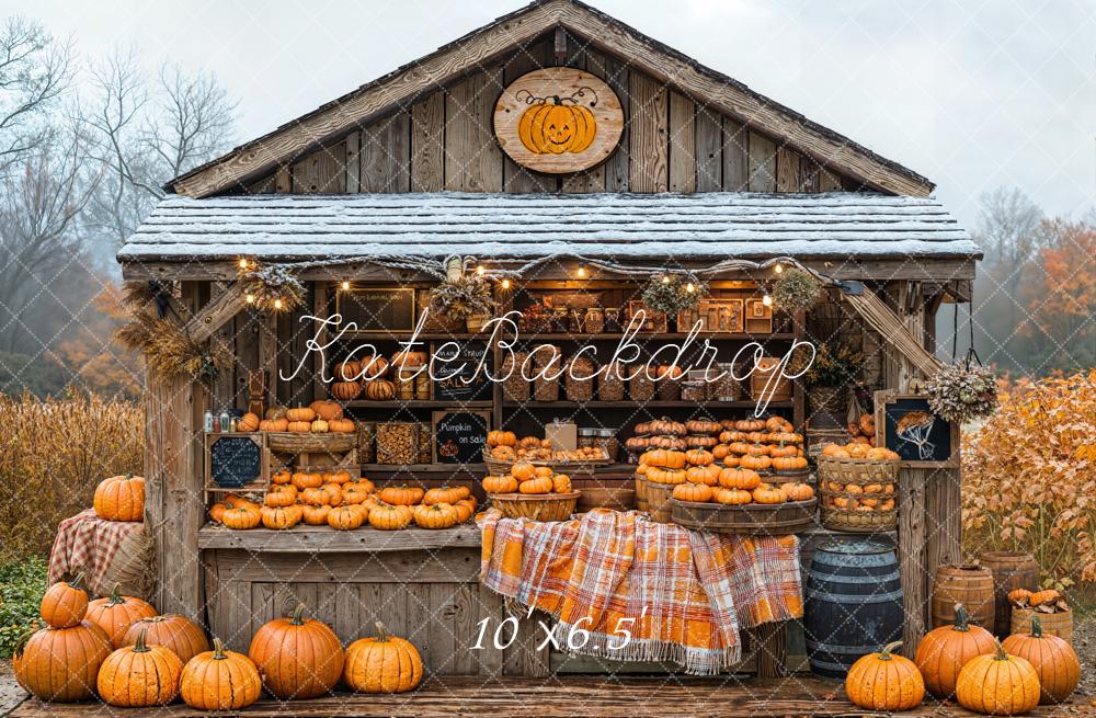Kate Autumn Pumpkin Wooden Cabin Fleece Backdrop Designed by Emetselch