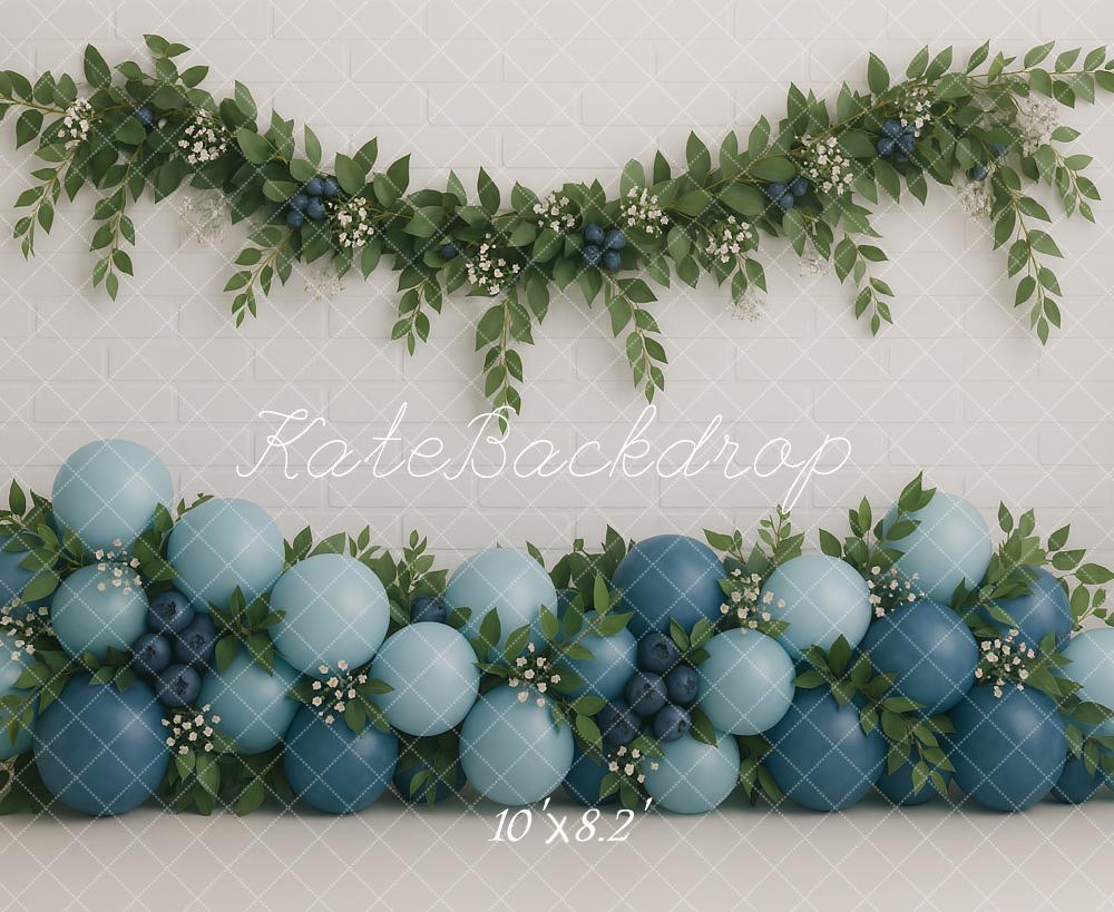 Kate Blue Balloons Greenery Brick Backdrop Designed by Ashley Paul
