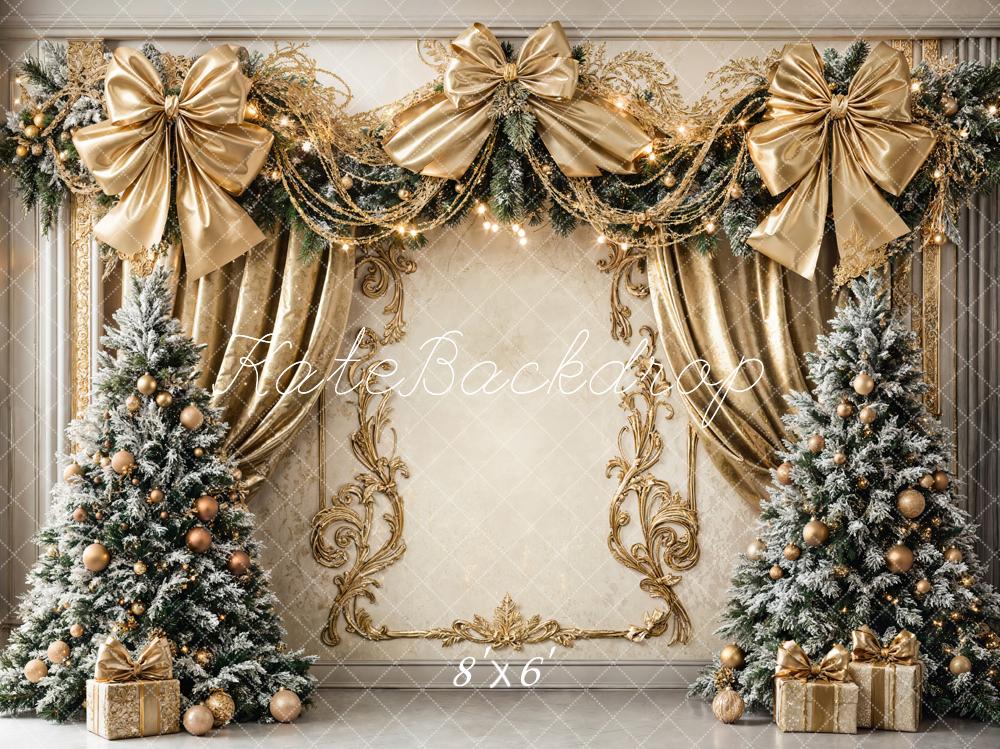 Kate Christmas Trees Gold Bows Fleece Backdrop Designed by Chain - Kate Backdrop AU