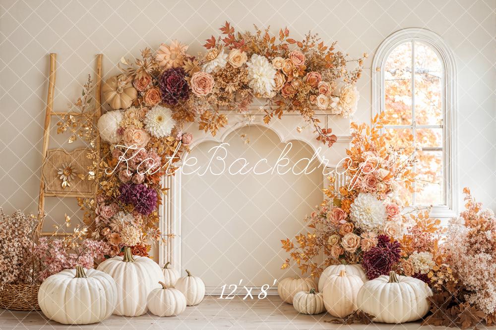 Kate Fall Flower Arch Pumpkins Fleece Backdrop Designed by Emetselch