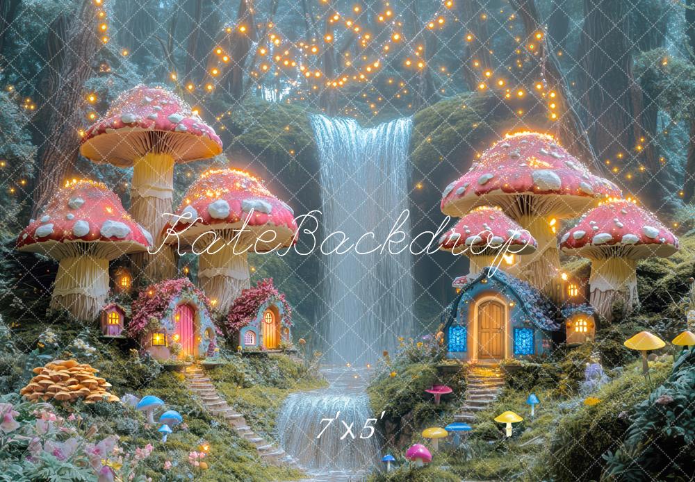 Kate Fairy Mushroom Houses Waterfall Backdrop Spring Designed by Mini MakeBelieve - Kate Backdrop AU