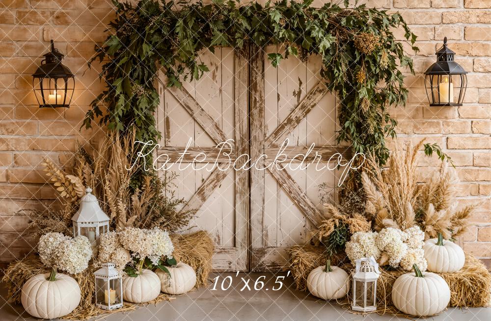 Kate Fall Barn Door Pumpkins Fleece Backdrop Designed by Emetselch