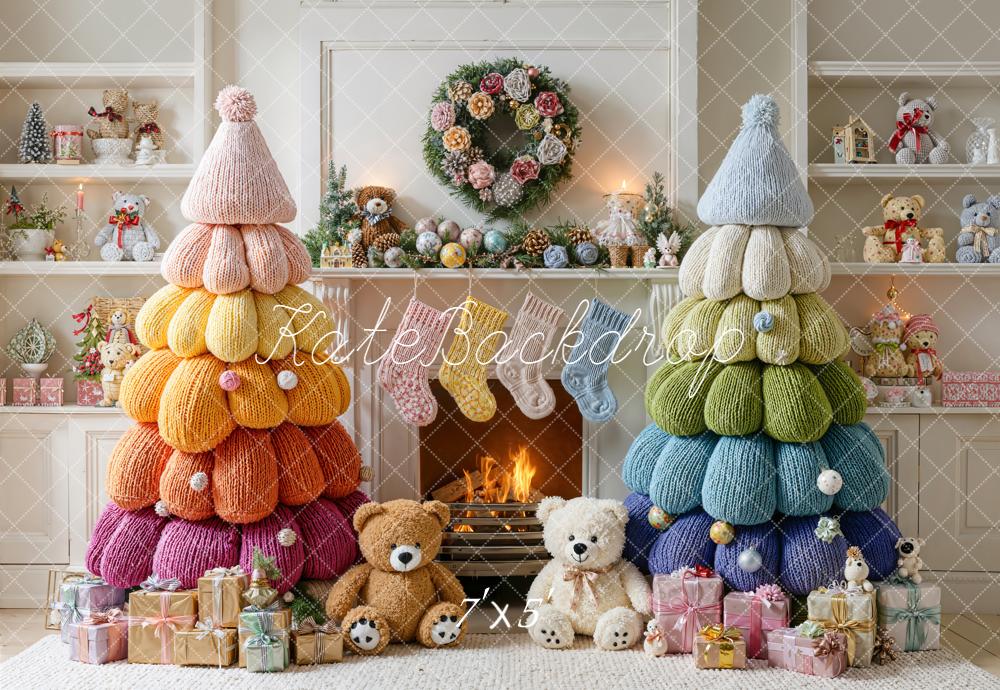 Kate Christmas Knitted Trees Fireplace Gifts Backdrop Designed by Emetselch - Kate Backdrop AU