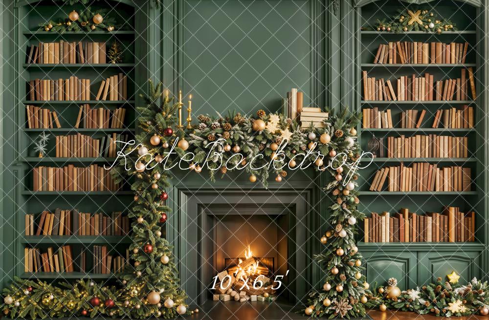 Kate Christmas Fireplace Bookshelves Fleece Backdrop Designed by Emetselch - Kate Backdrop AU