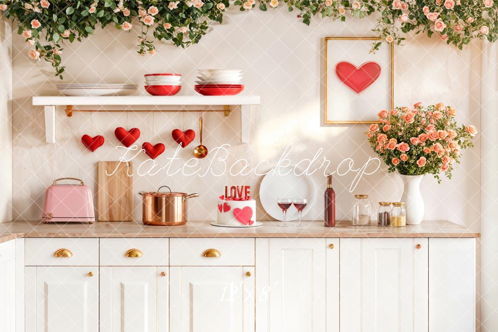 Kate Valentine Kitchen Red Hearts Backdrop Designed by Emetselch