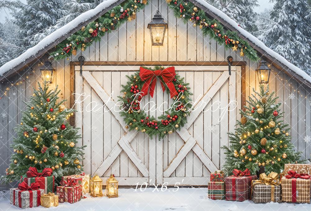 Kate Christmas Barn Door Wreath Gift Boxes Fleece Backdrop Designed by Emetselch - Kate Backdrop AU