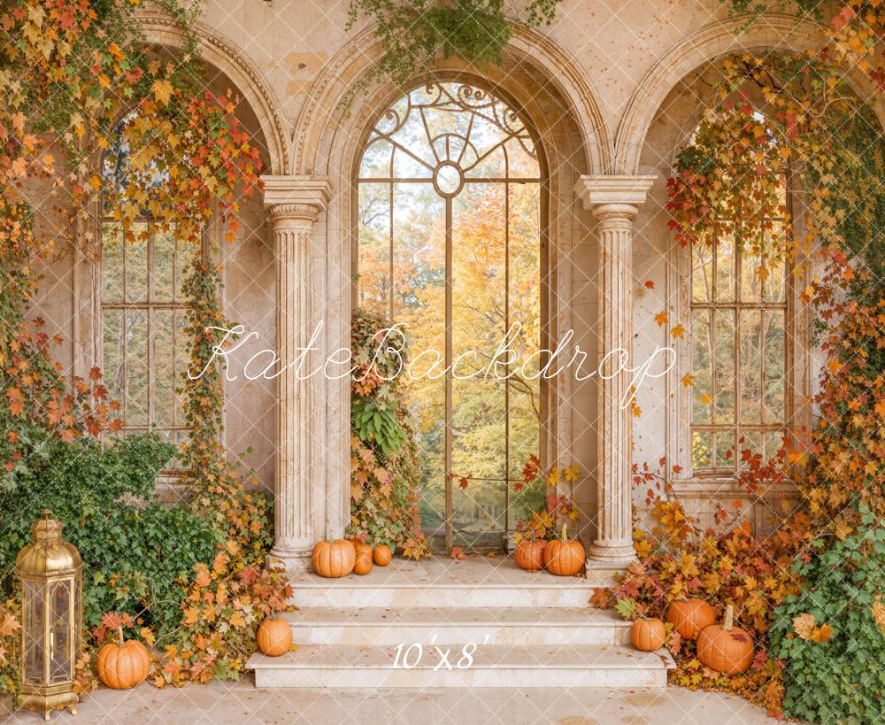Kate Autumn Pumpkins Ivy Stone Arch Fleece Backdrop Designed by Emetselch
