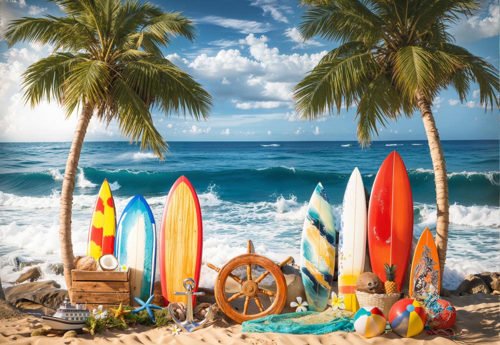 Kate Summer Beach Surfboards Palm Trees Backdrop Designed by Emetselch
