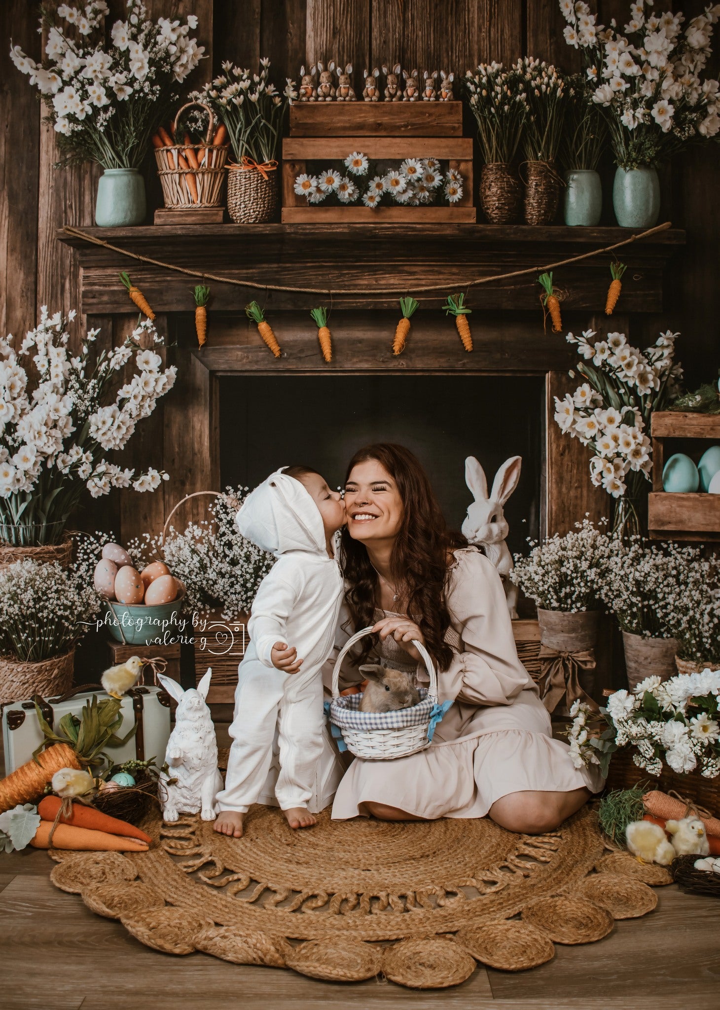 Kate Easter Fireplace Bunny Rustic Floral Backdrop Designed by Emetselch