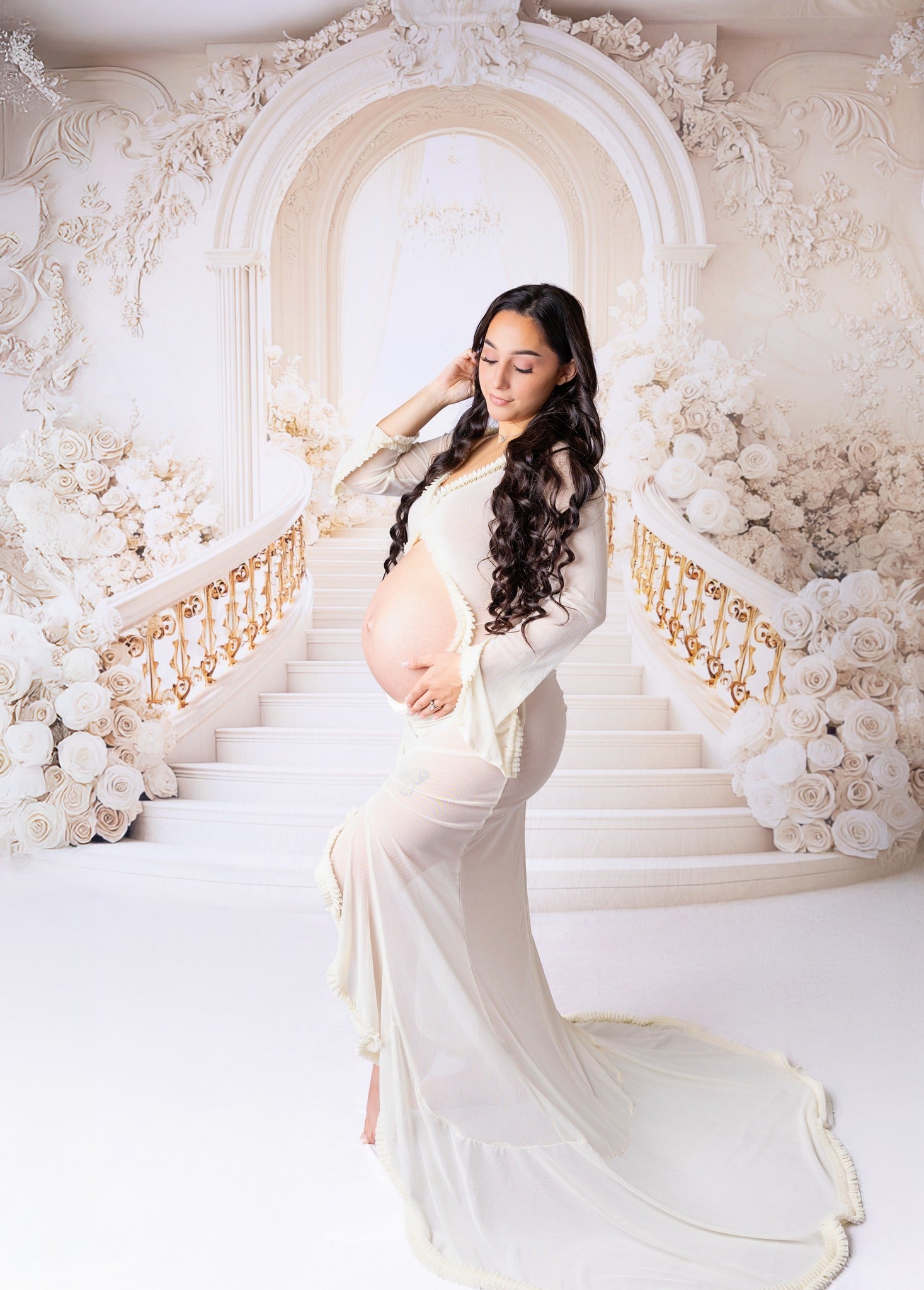 Kate Cascading Stairs Floral Arch White Backdrop Designed by Mini MakeBelieve - Kate Backdrop AU