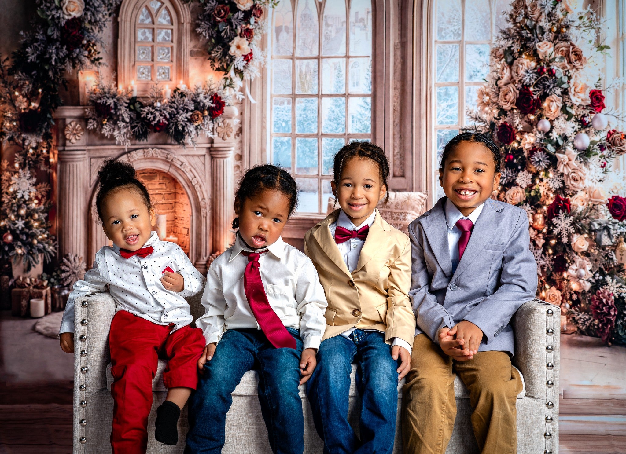 Kate Christmas Fireplace Floral Arch Tree Fleece Backdrop Designed by Emetselch