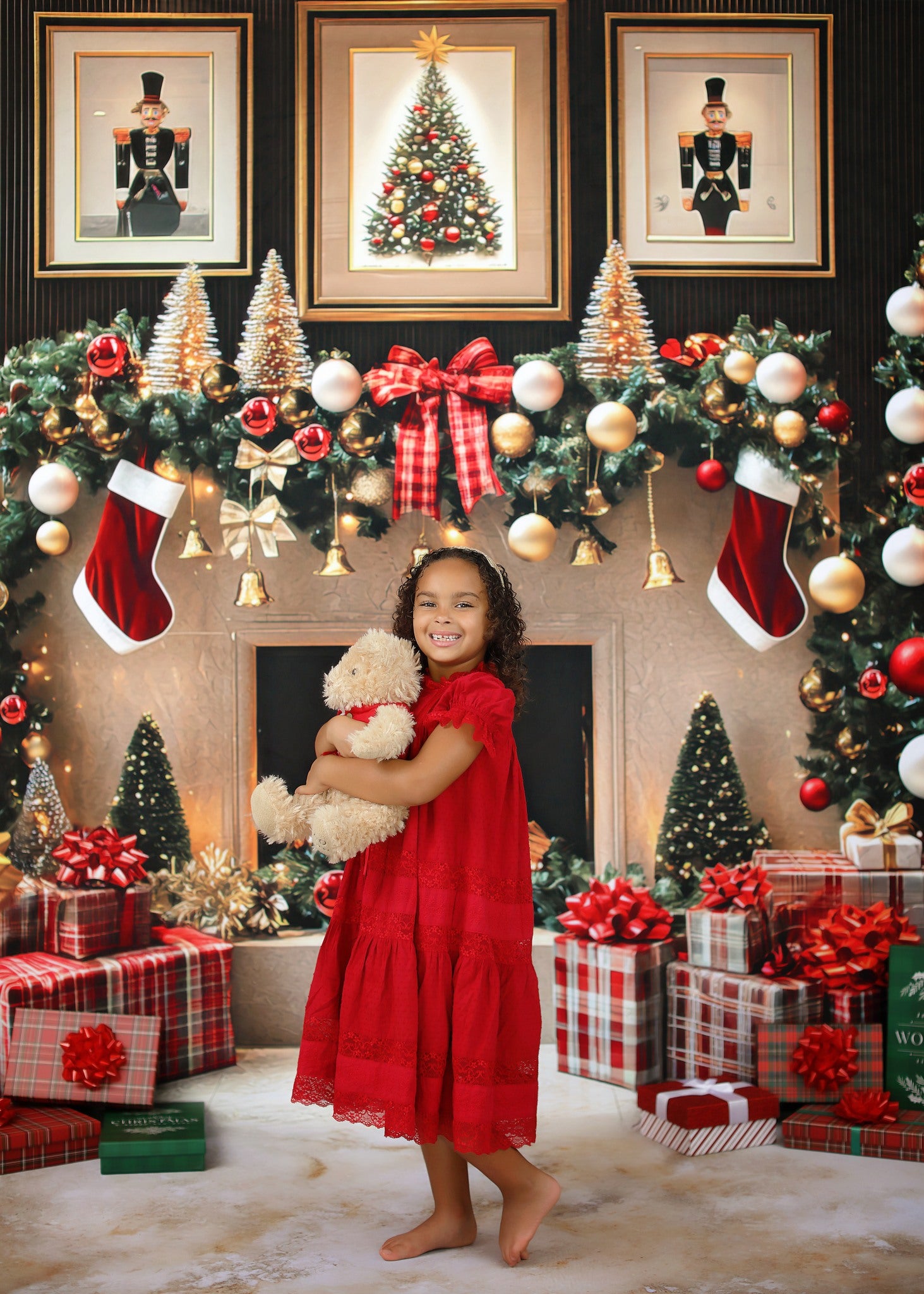 Kate Christmas Fireplace Trees Presents Backdrop Designed by Mini MakeBelieve - Kate Backdrop AU