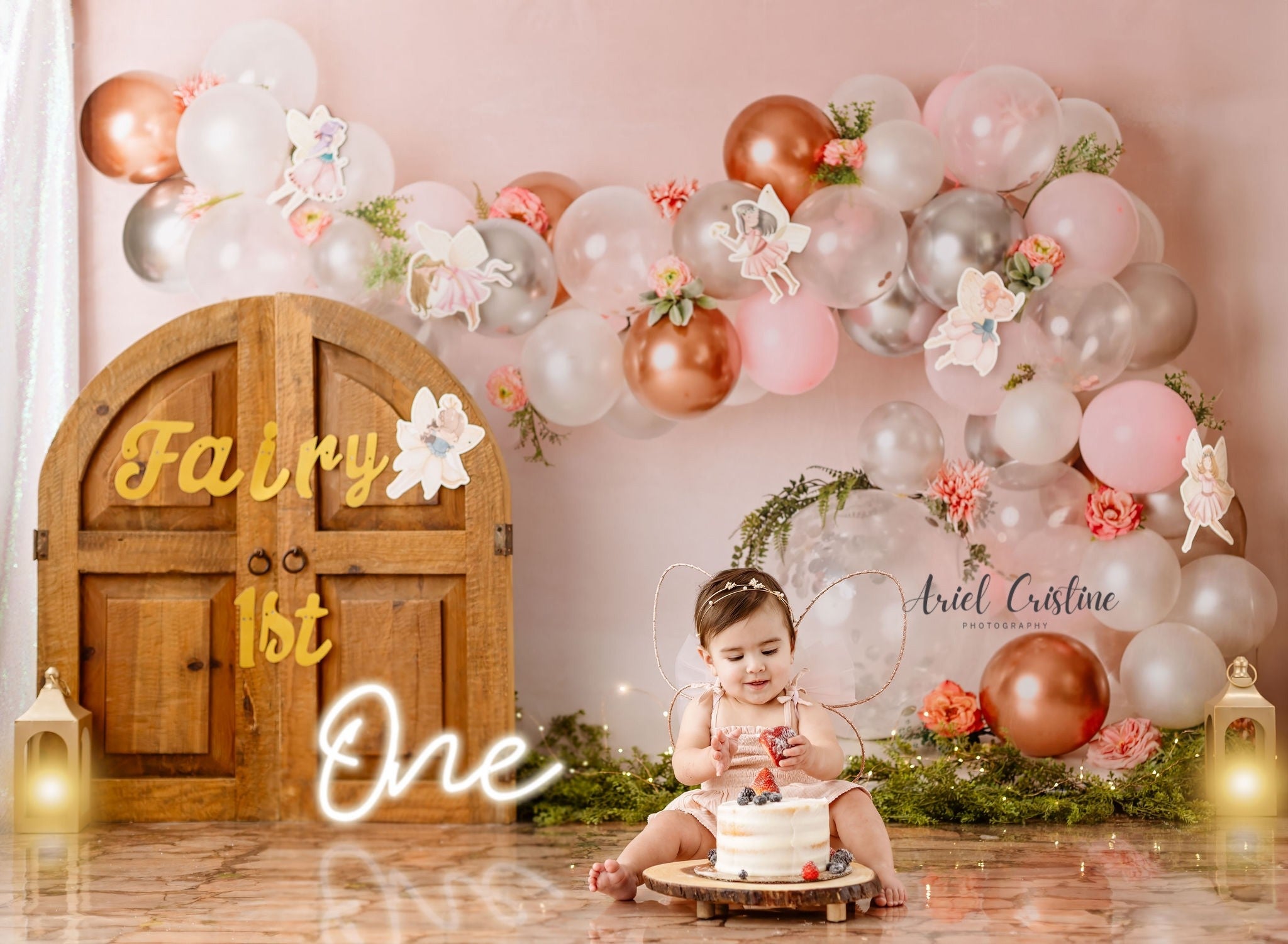 Kate Pink White and Rose Gold Floral Balloon Arch Backdrop Cake Smash Designed by Mandy Ringe Photography