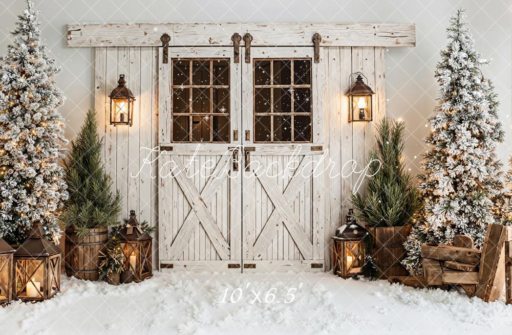 Kate Winter Barn Door Snow Trees Fleece Backdrop Designed by Emetselch