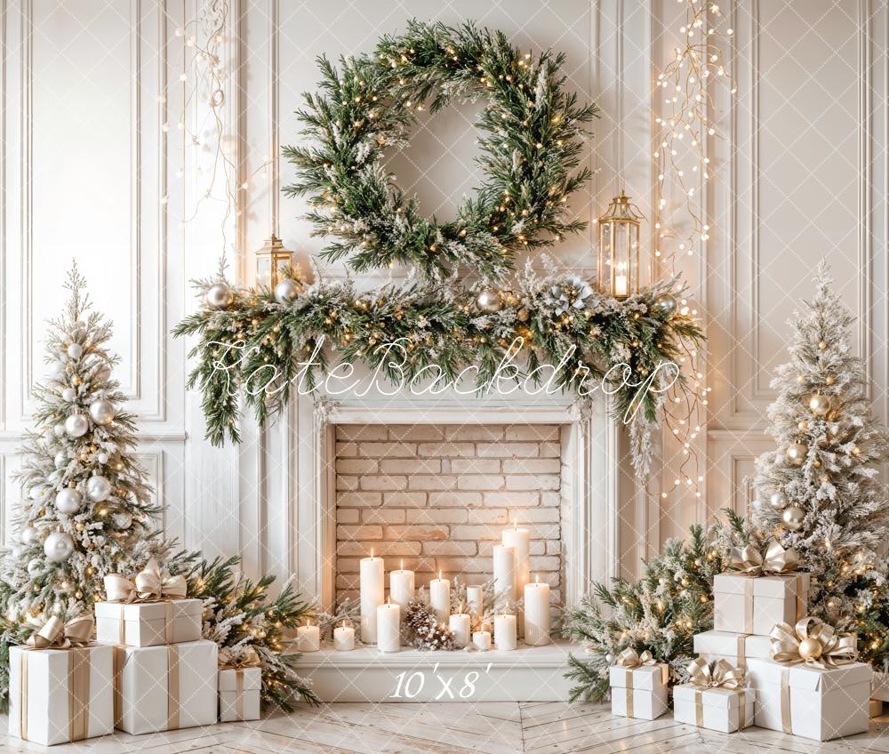 Kate Christmas Fireplace Wreath Trees Fleece Backdrop Designed by Emetselch