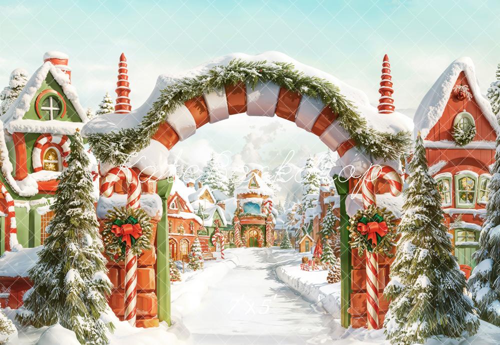 Kate Christmas Candy Cane Arch Snowy Village Backdrop Designed by Chain