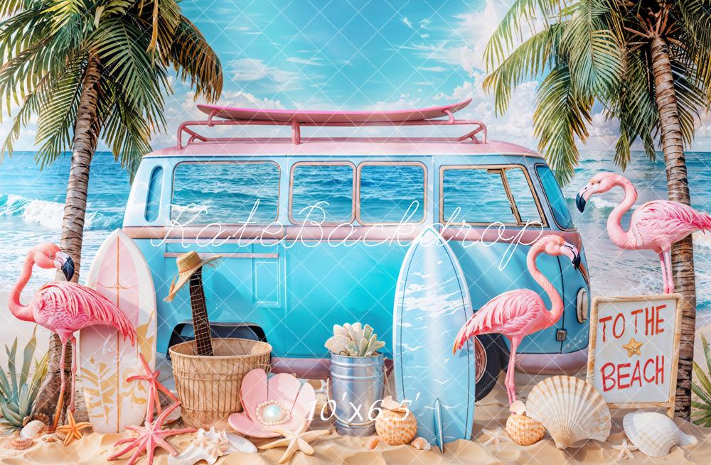 Kate Summer Beach Van Flamingos Surfboards Backdrop Designed by Emetselch