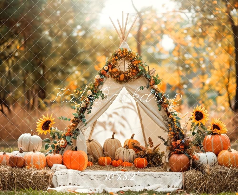 Kate Fall Teepee Pumpkins Sunflowers Backdrop Designed by Patty Roberts