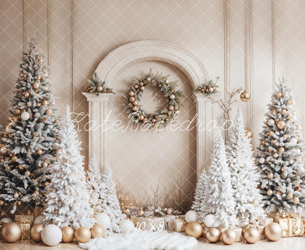 Kate Christmas White Trees Wreath Fleece Backdrop Designed by Emetselch