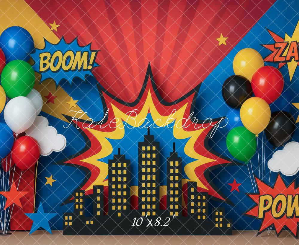 Kate Comic City Skyline Balloons Stars Backdrop Designed by Mini MakeBelieve
