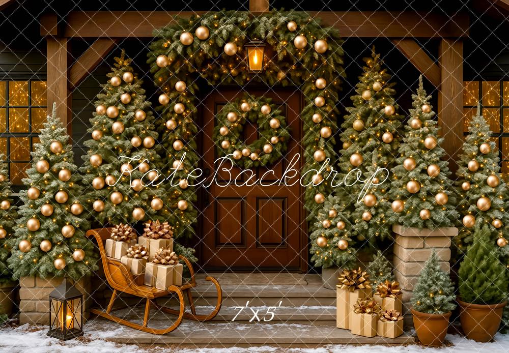 Kate Christmas Porch Trees Presents Sled Backdrop Designed by Mini MakeBelieve - Kate Backdrop AU