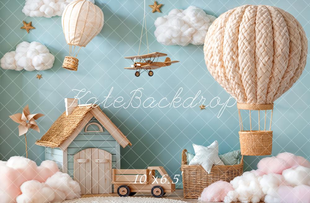 Kate Hot Air Balloon Aeroplane Cloud House Blue Backdrop Designed by Emetselch