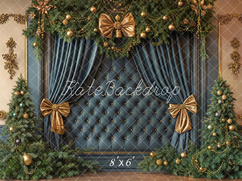 Kate Christmas Trees Bows Blue Wall Backdrop Designed by Emetselch
