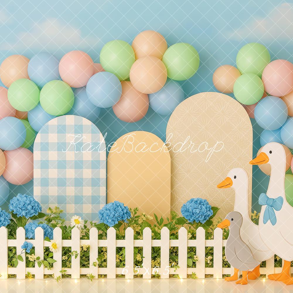 Kate Pastel Balloons Blue Hydrangea Geese Fence Backdrop Designed by Patty Roberts