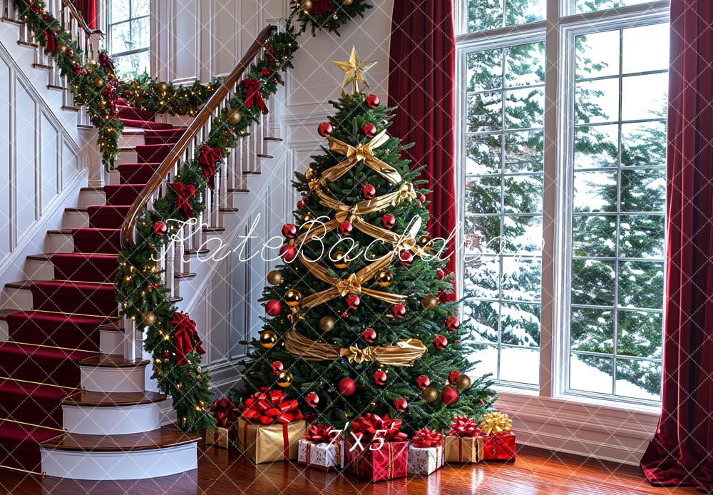 Kate Christmas Tree Staircase Window Presents Backdrop Designed by Mini MakeBelieve - Kate Backdrop AU